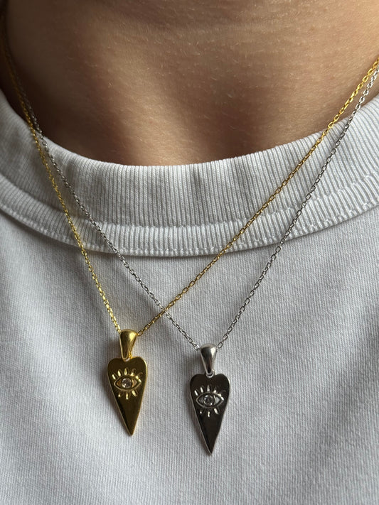 Triangle heart evil eye necklace